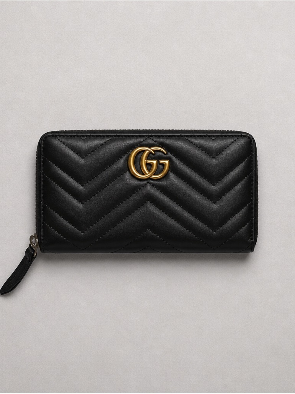 Gucci Black Chevron Quilted Zip-Around Wallet with Gold GG